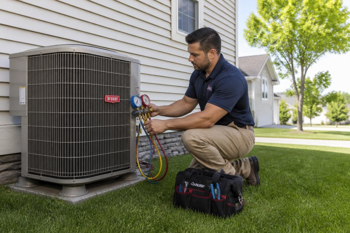 Technician servicing an outdoor central air conditioning unit