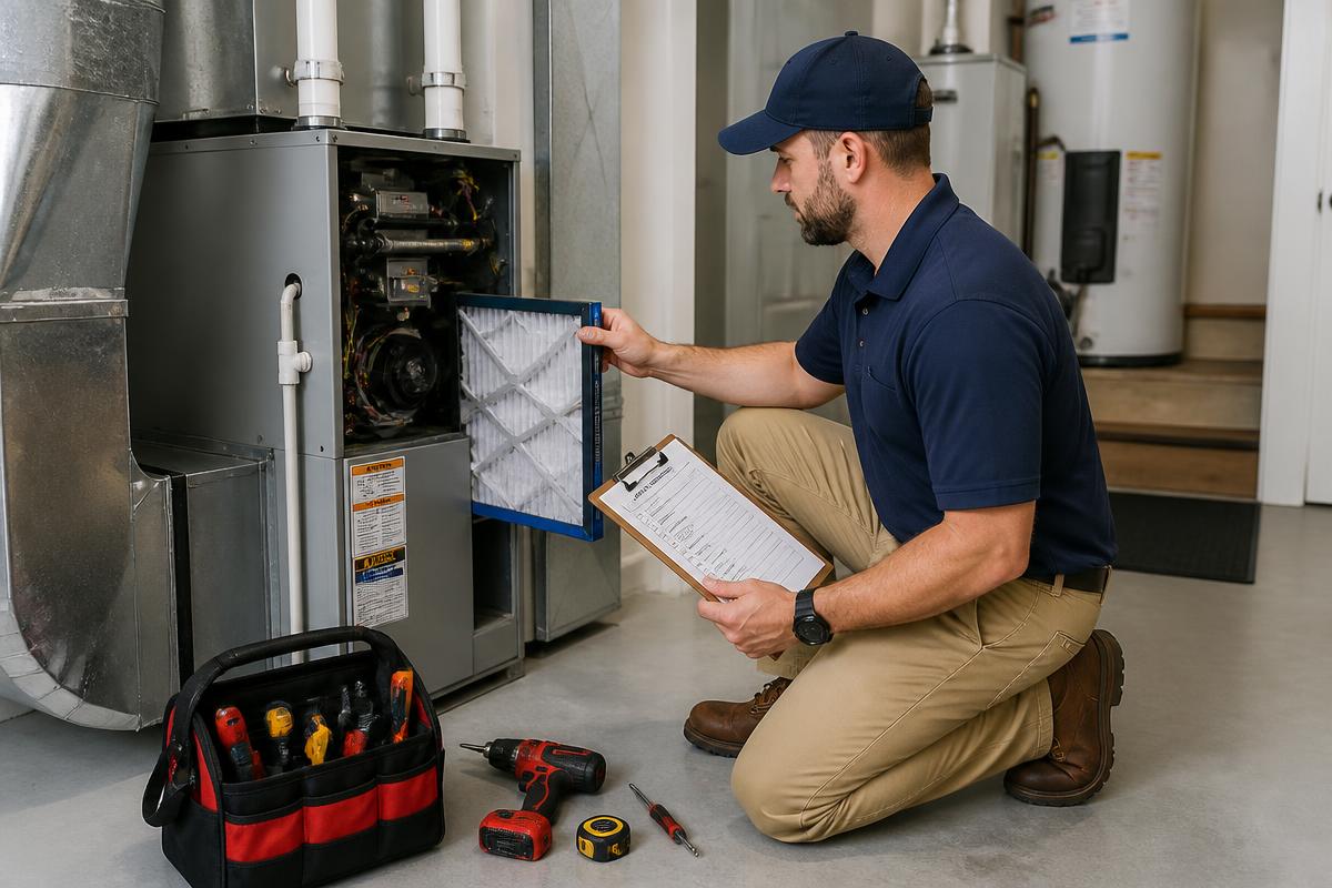 HVAC maintenance technician replacing a furnace air filter during a tune-up